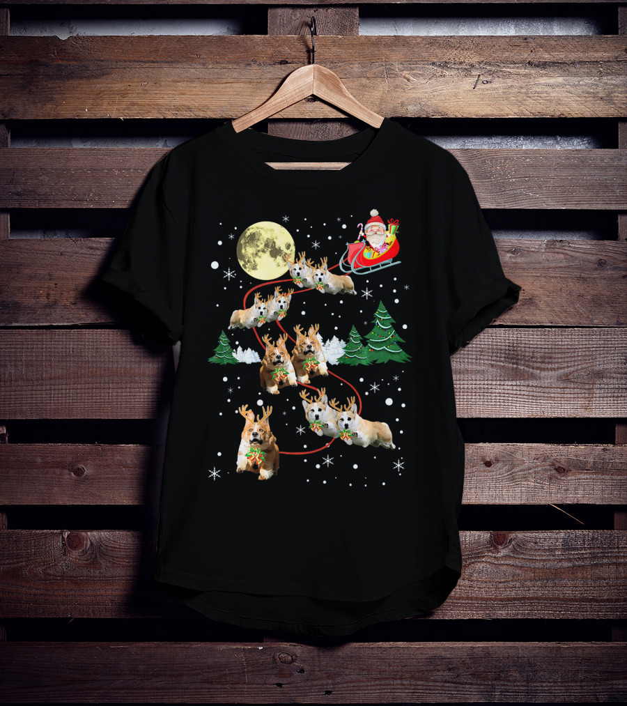 Reindeer Corgi Christmas Santa Sleigh Moon Trees Snowflakes T-Shirt