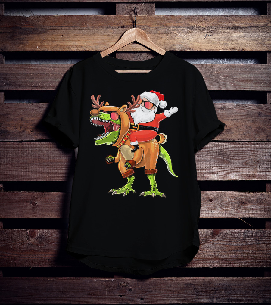 Santa Riding Reindeer Rex Dinosaur With Holiday Cheer T-Shirt