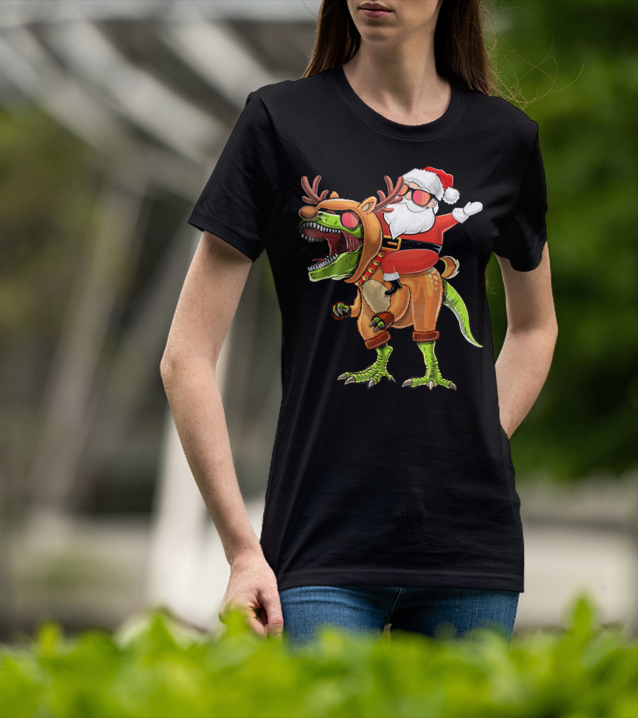 Santa Riding Reindeer Rex Dinosaur With Holiday Cheer T-Shirt