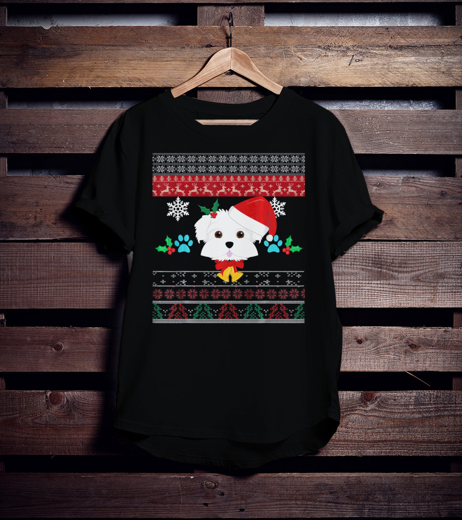 Maltese Dog Santa Hat Ugly Christmas Sweater Pattern Snowflakes Hollys Paws T-Shirt