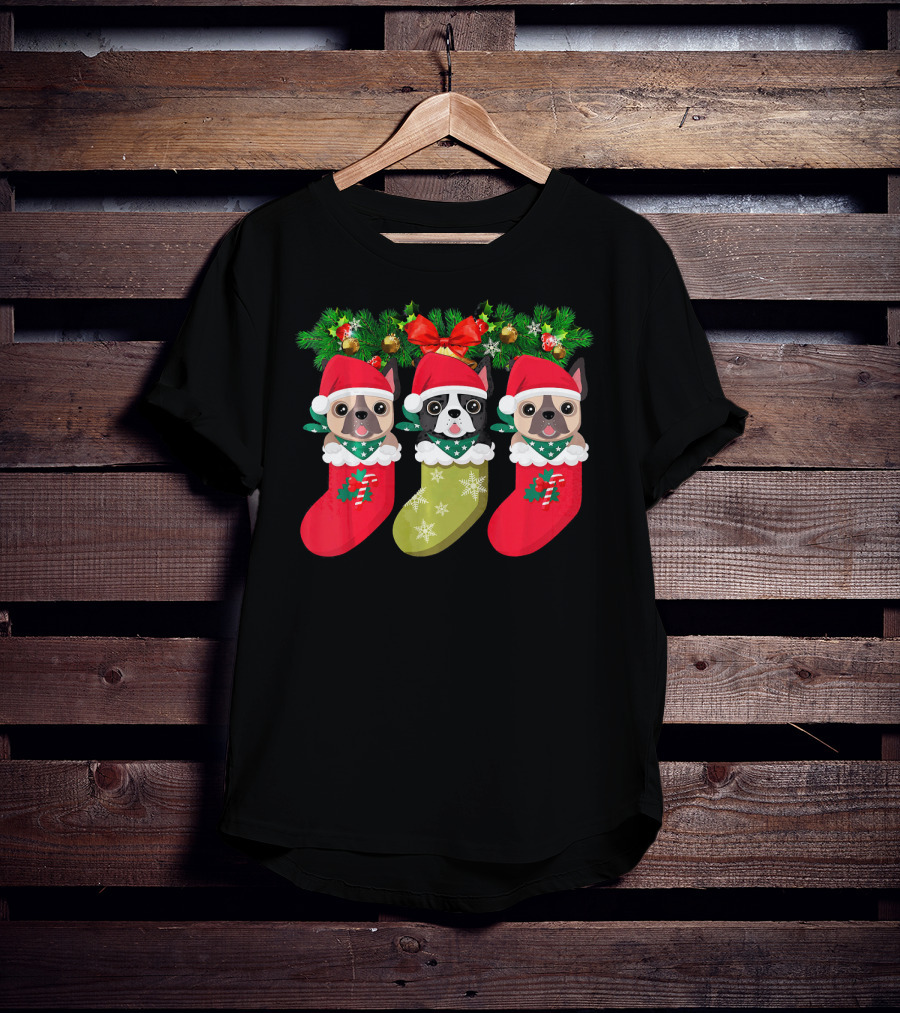 Pug Christmas Socks Festive Dog Stocking Trio With Santa Hats And Holly T-Shirt