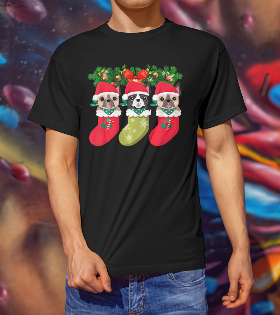 Pug Christmas Socks Festive Dog Stocking Trio With Santa Hats And Holly T-Shirt