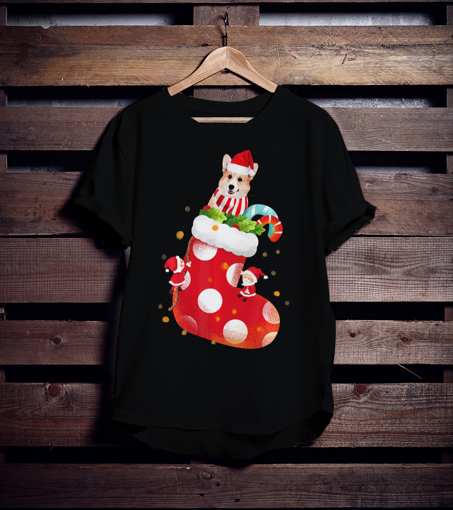 Christmas Corgi Dog In Santa Hat And Striped Scarf In Festive Stocking With Candy Cane T-Shirt