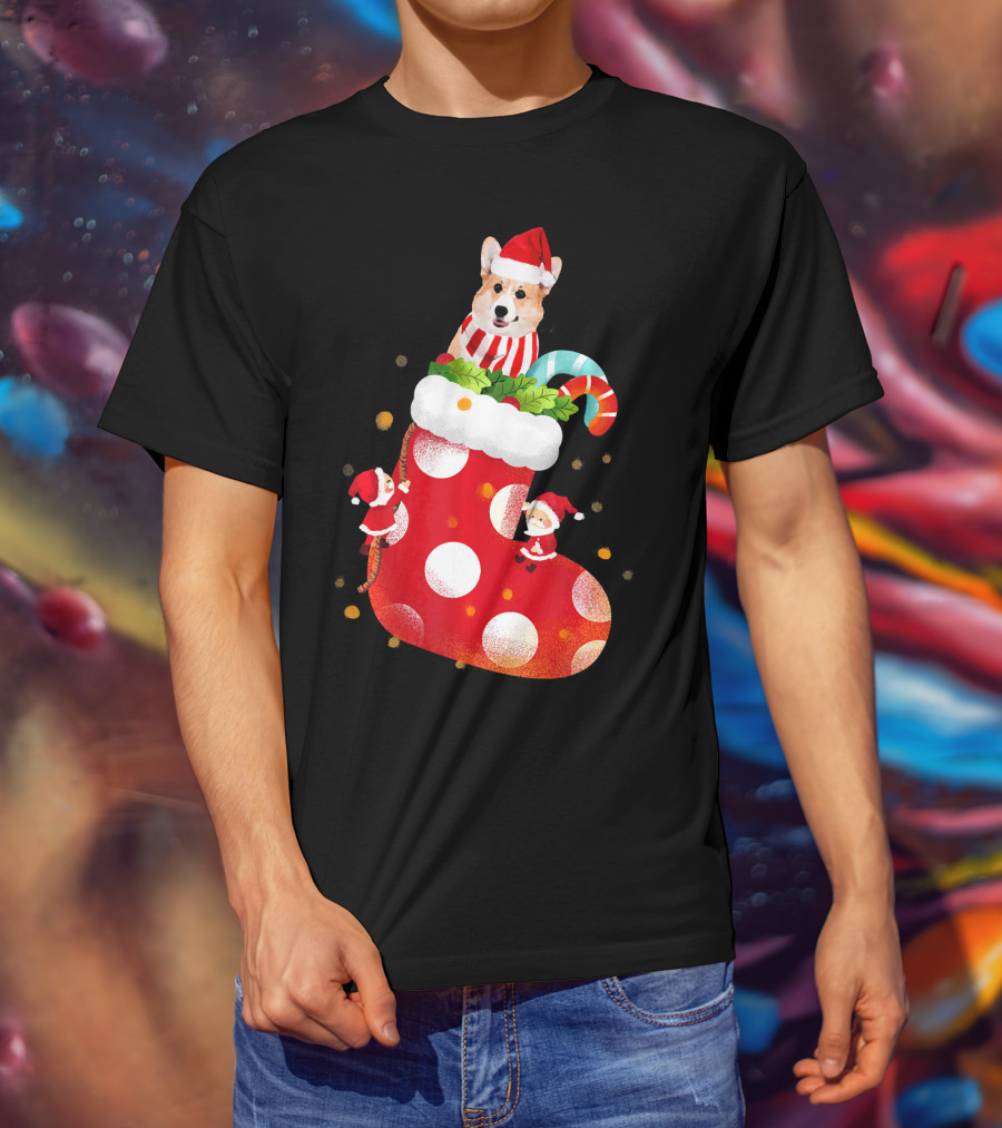 Christmas Corgi Dog In Santa Hat And Striped Scarf In Festive Stocking With Candy Cane T-Shirt
