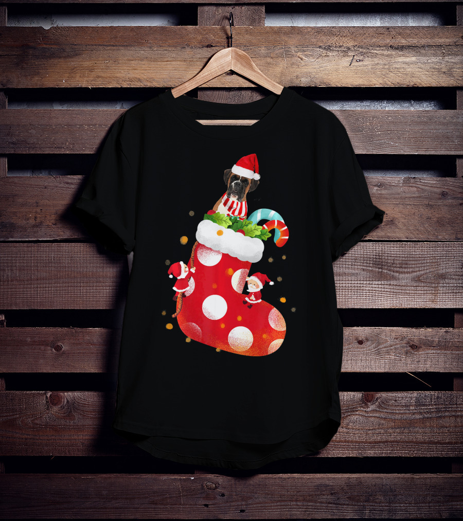 Christmas Boxer Dog Inside Santa Hat Sock With Candy Cane T-Shirt