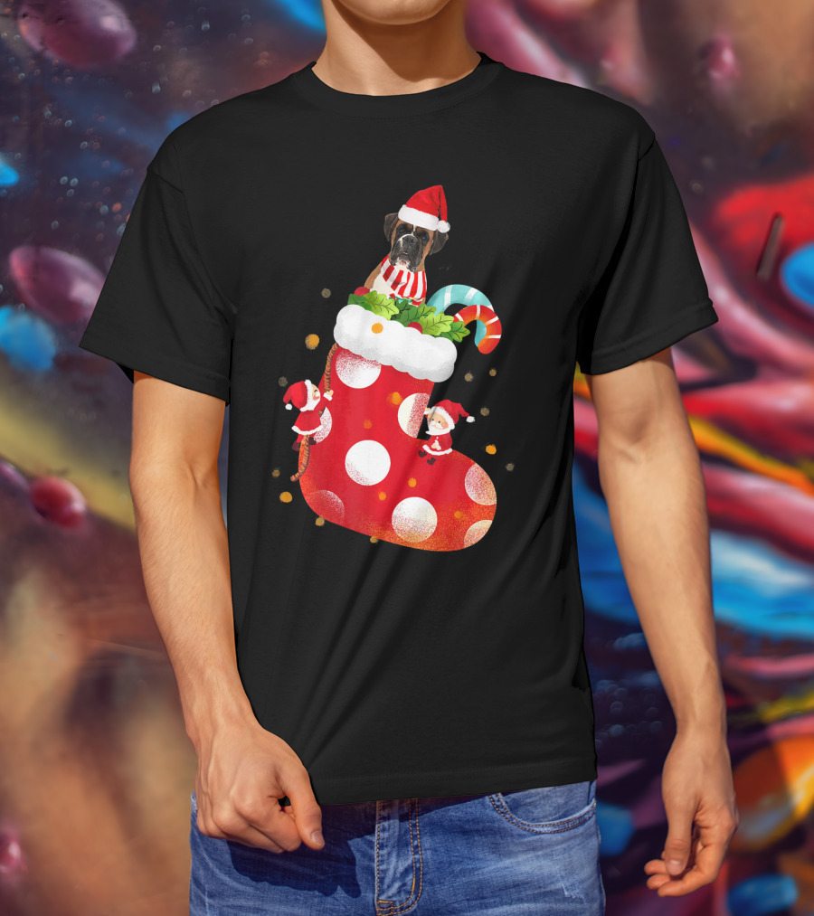 Christmas Boxer Dog Inside Santa Hat Sock With Candy Cane T-Shirt