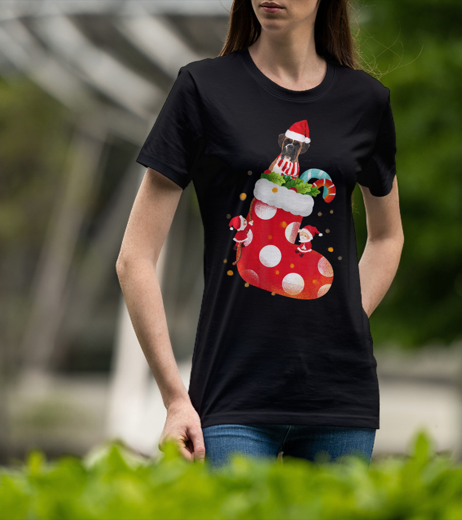 Christmas Boxer Dog Inside Santa Hat Sock With Candy Cane T-Shirt