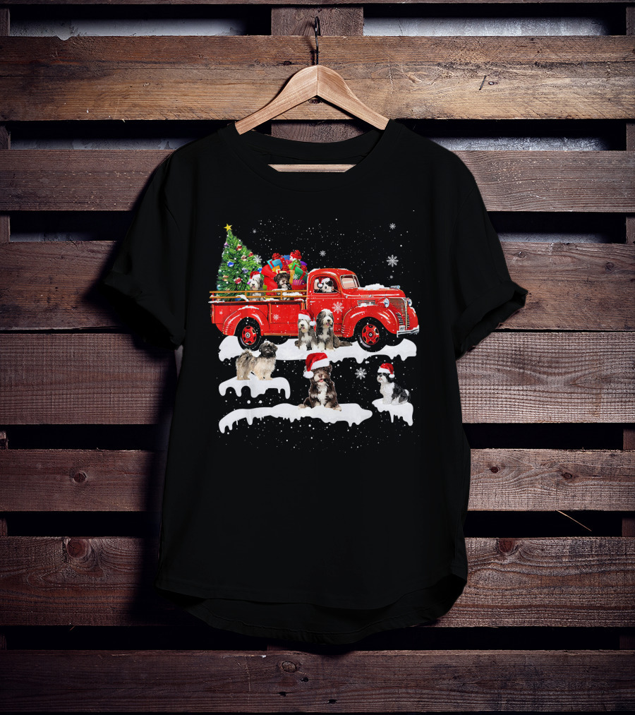 Tibetan Terrier Santa Hats Riding Red Truck With Christmas Tree And Gifts Snowflakes T-Shirt