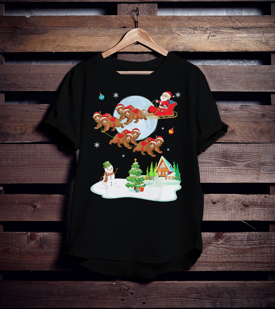 Santa Claus Sleigh With Bears And Snowman By Moonlit Cabin Noel T-Shirt