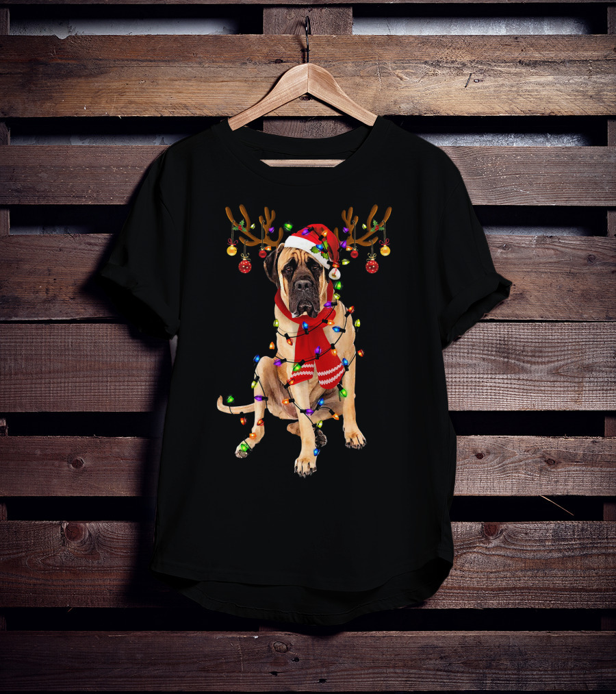 English Mastiff Christmas Lights Reindeer Antlers Santa Hat Scarf T-Shirt