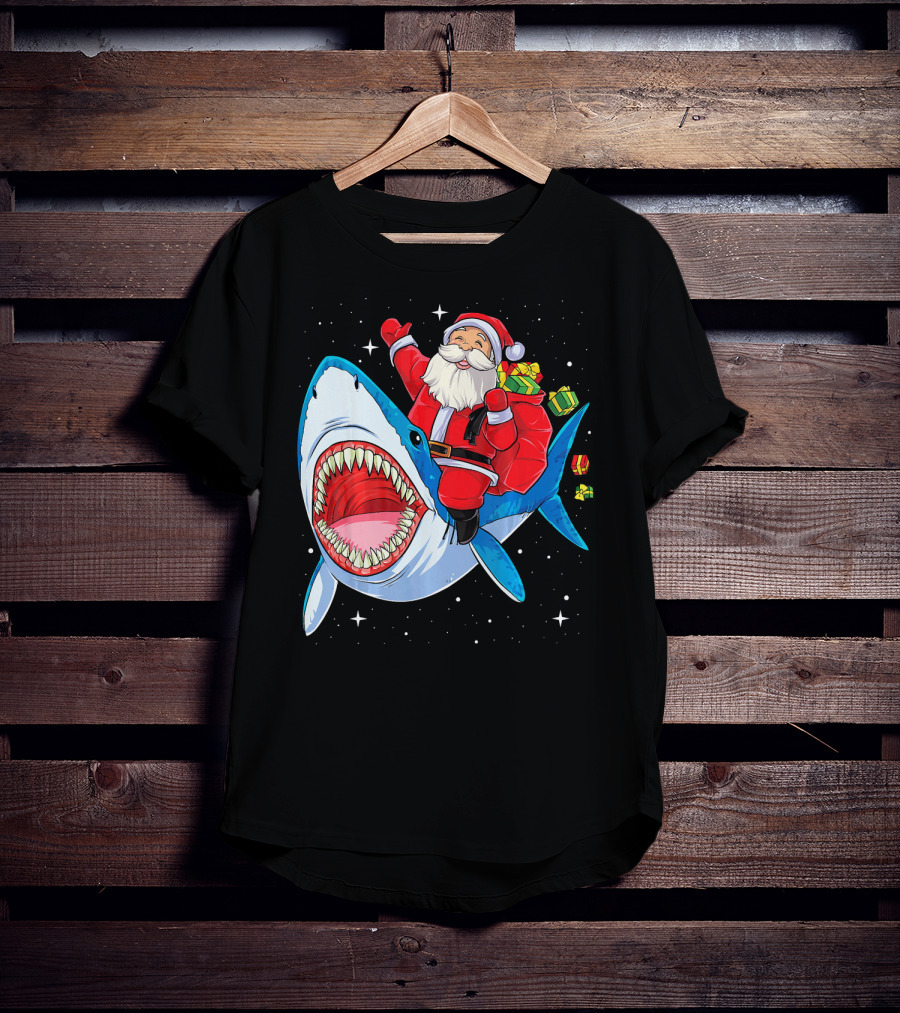 Christmas Kids Santa Riding Shark With Gifts T-Shirt