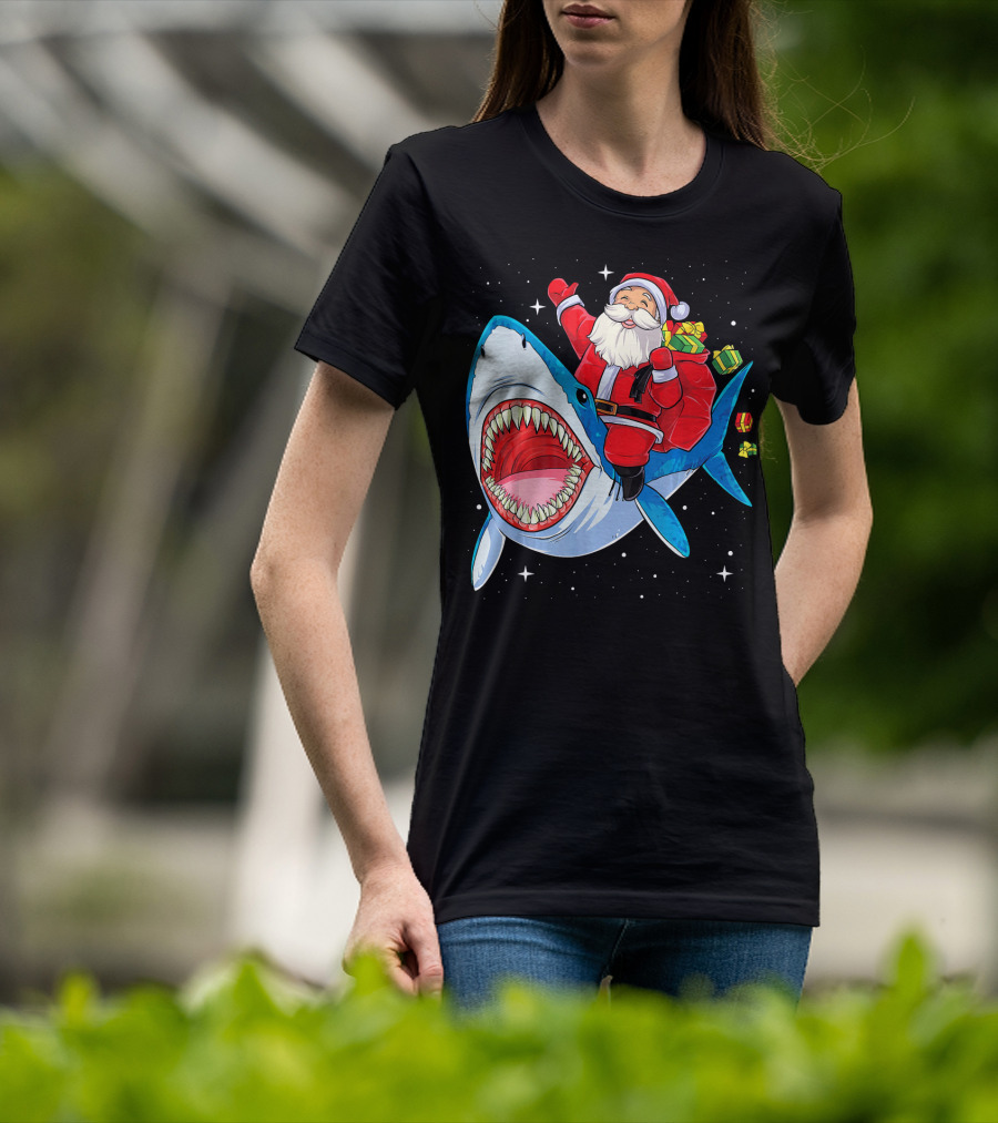 Christmas Kids Santa Riding Shark With Gifts T-Shirt