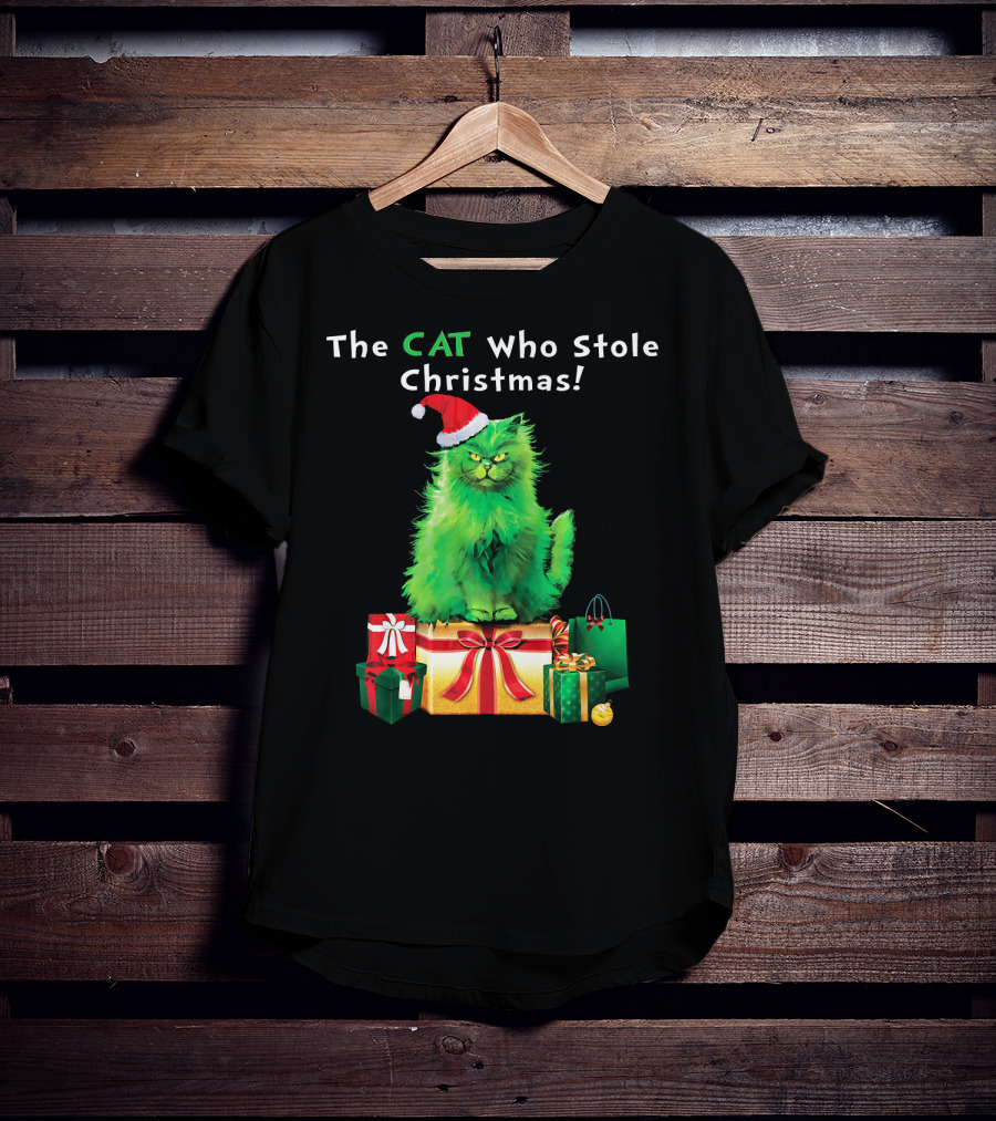 The CAT Who Stole Christmas Holiday Purr With Santa Hat And Gifts T-Shirt