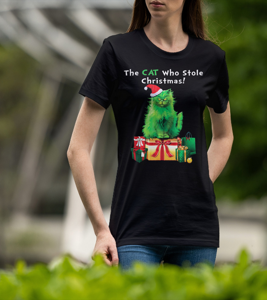 The CAT Who Stole Christmas Holiday Purr With Santa Hat And Gifts T-Shirt