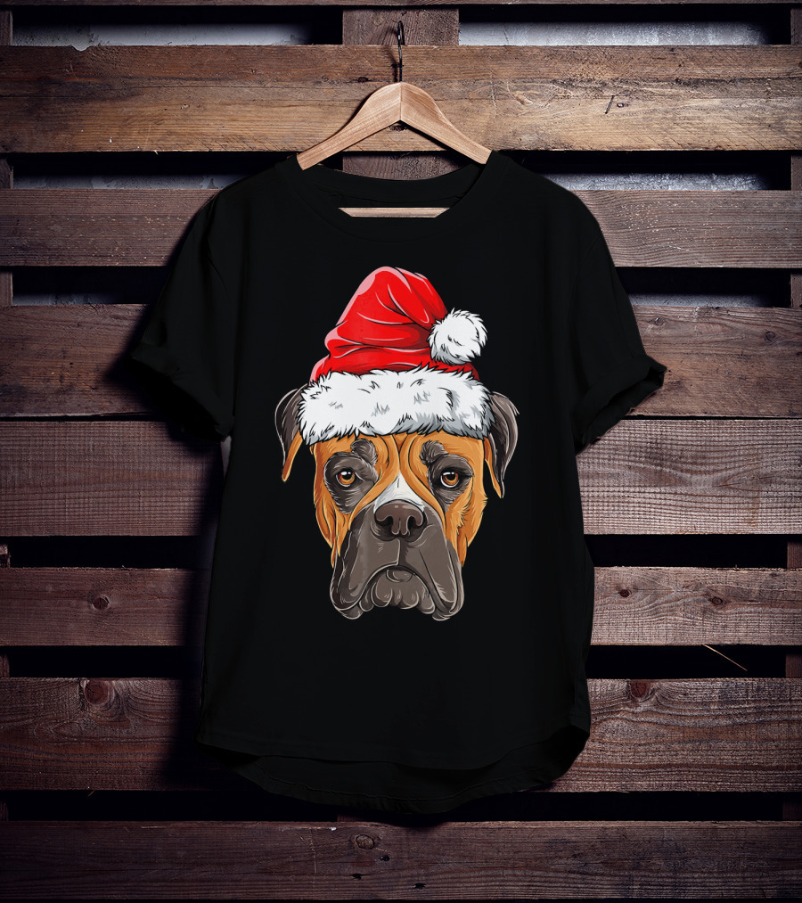 Boxer Dog With Santa Hat Christmas Holiday T-Shirt