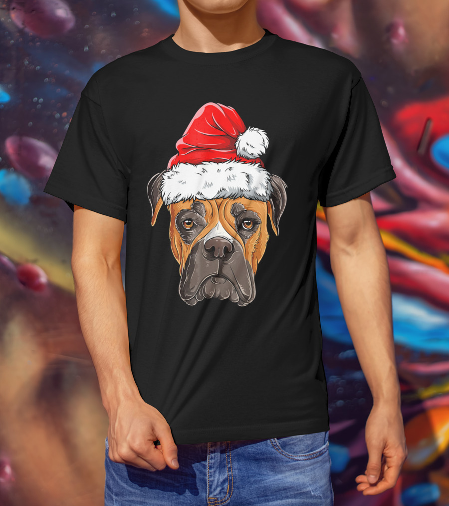 Boxer Dog With Santa Hat Christmas Holiday T-Shirt