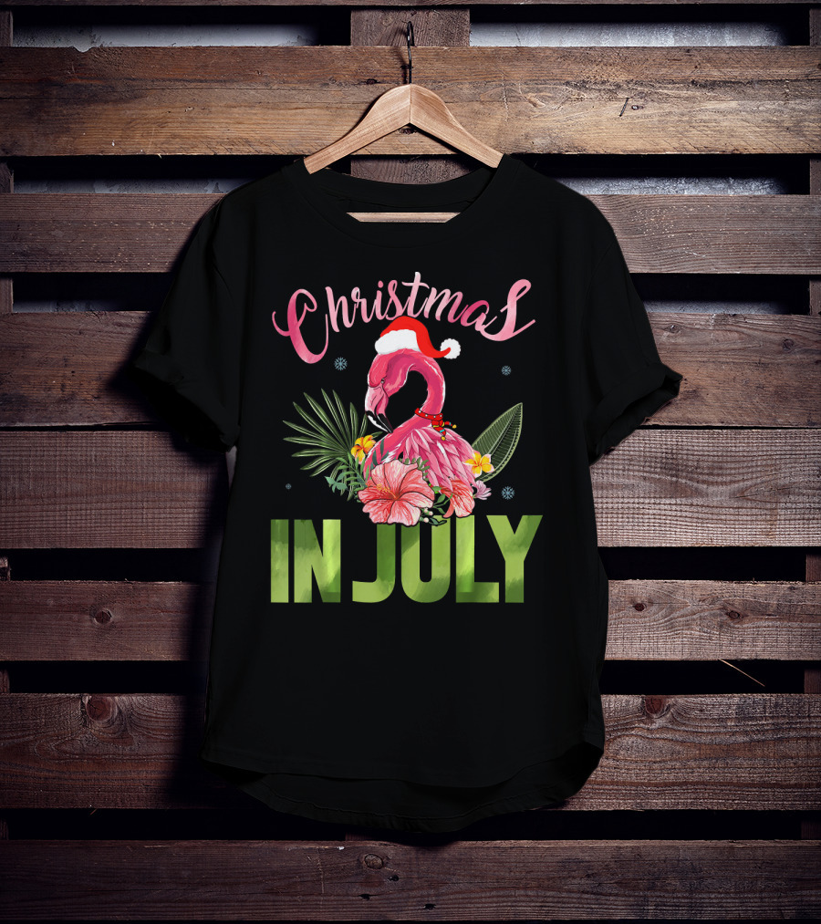 Christmas In July Cute Santa Hat Flamingo Summer T-Shirt