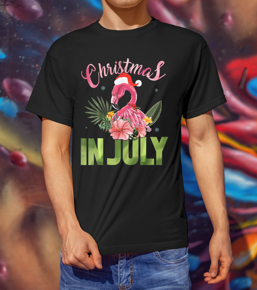 Christmas In July Cute Santa Hat Flamingo Summer T-Shirt