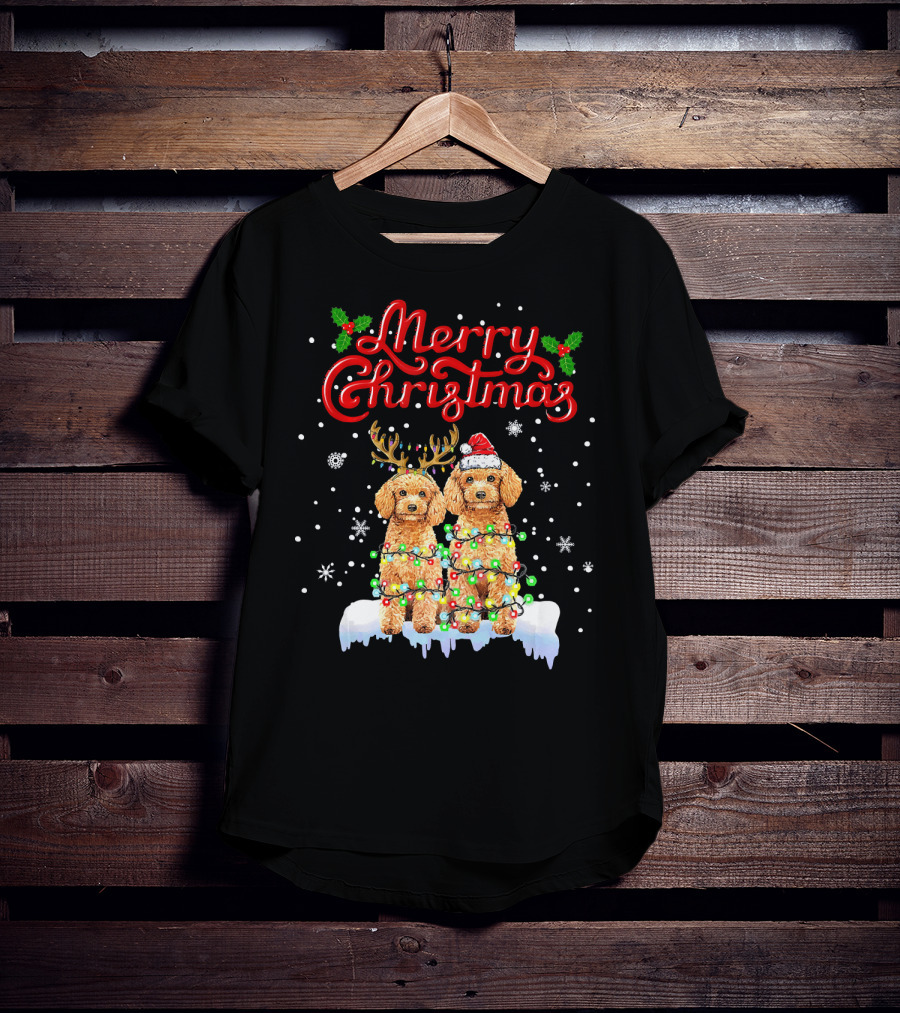 Merry Christmas Poodle Lights Funny Dog Matching T-Shirt