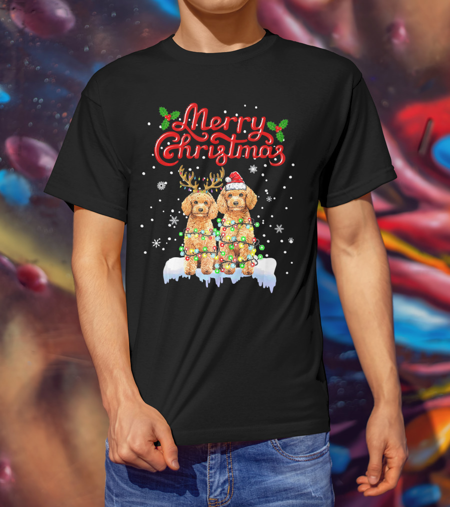 Merry Christmas Poodle Lights Funny Dog Matching T-Shirt