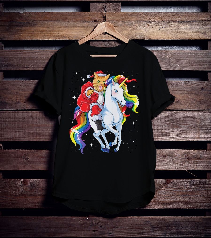 Cat Santa Riding Rainbow Unicorn Christmas Girl T-Shirt