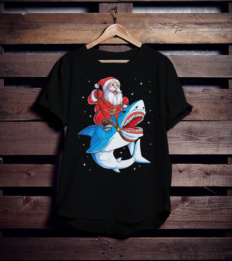 Santa Riding Shark Christmas Boys Santa Shark T-Shirt