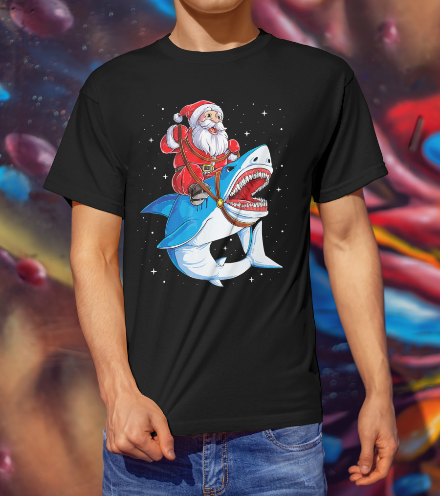 Santa Riding Shark Christmas Boys Santa Shark T-Shirt