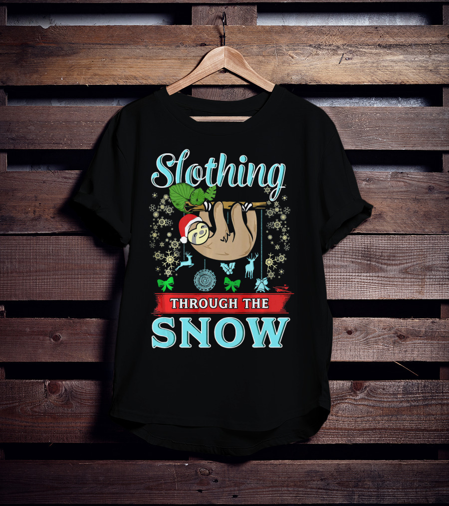 Slothing Through The Snow Cute Christmas Sloth With Santa Hat And Snowflakes T-Shirt