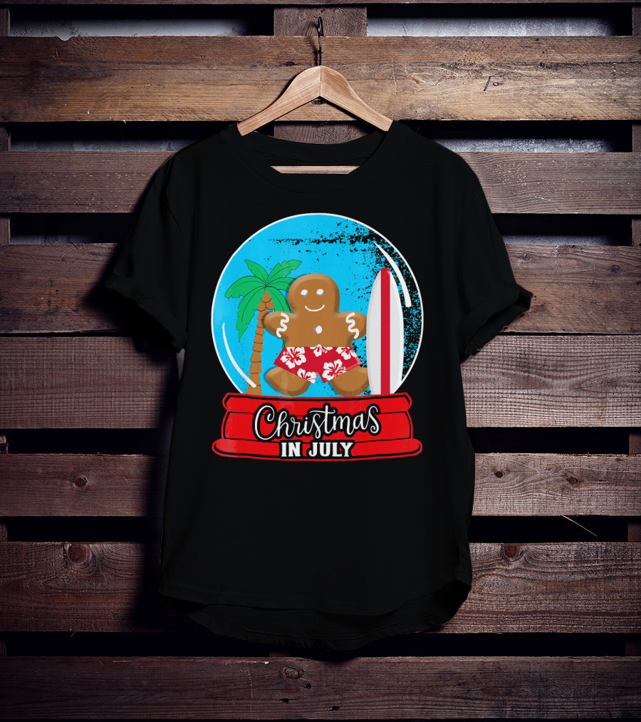Christmas In July Surfing Gingerbread Snow Globe T-Shirt