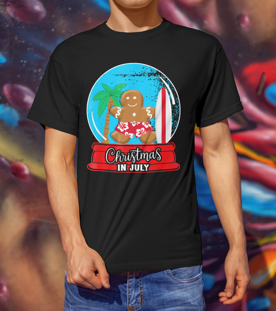 Christmas In July Surfing Gingerbread Snow Globe T-Shirt