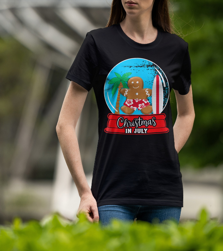 Christmas In July Surfing Gingerbread Snow Globe T-Shirt