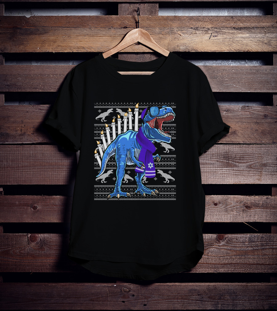 Menorasaurus Rex Dinosaur Wearing Blue Scarf And Sunglasses With Candles And Dinosaur T-Shirt