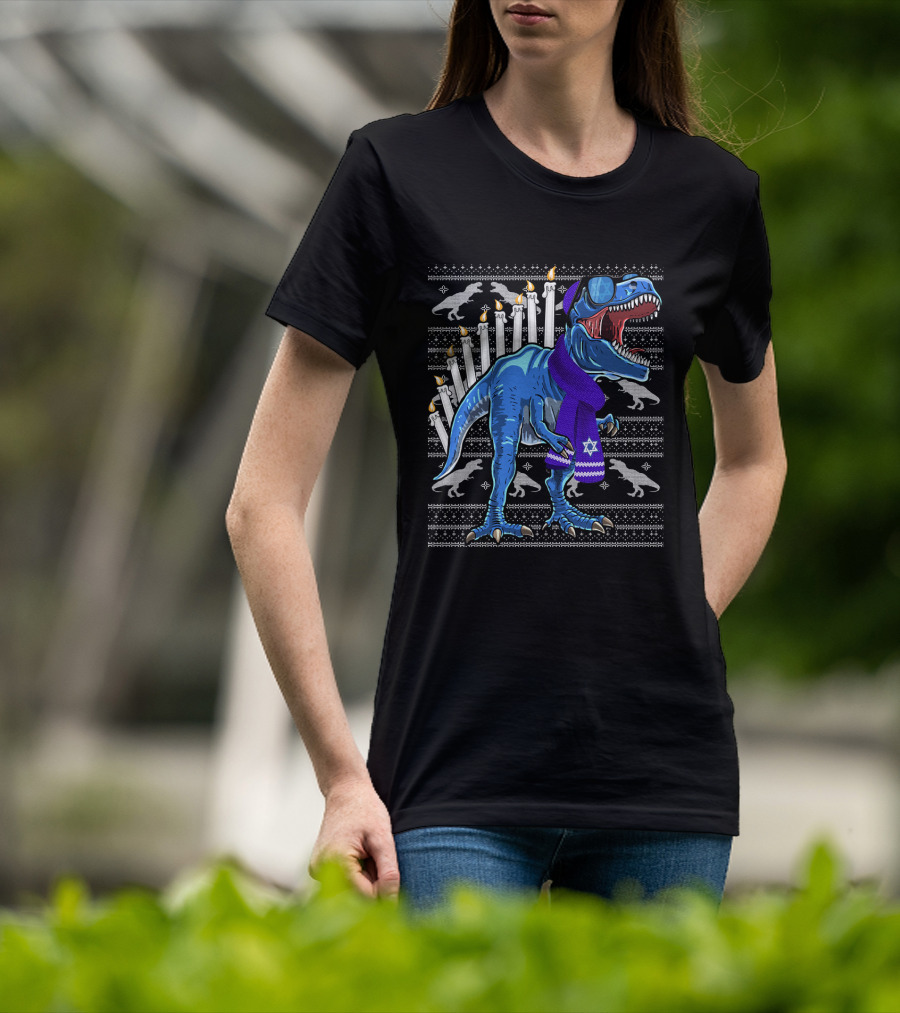 Menorasaurus Rex Dinosaur Wearing Blue Scarf And Sunglasses With Candles And Dinosaur T-Shirt