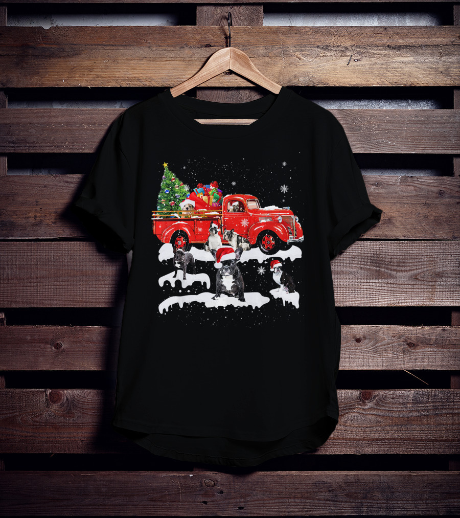 French Bulldog Christmas Red Truck With Santa Hats And Gifts T-Shirt