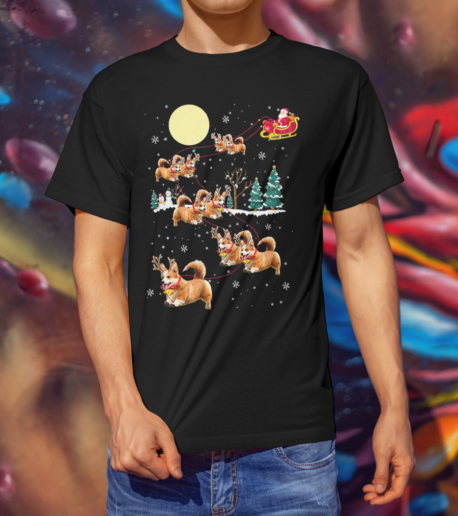Christmas Corgi Santa Sleigh Cute Holiday Pajamas T-Shirt