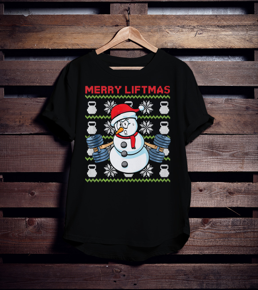 Merry Liftmas Fitness Snowman Xmas Weightlifting Kettlebells T-Shirt