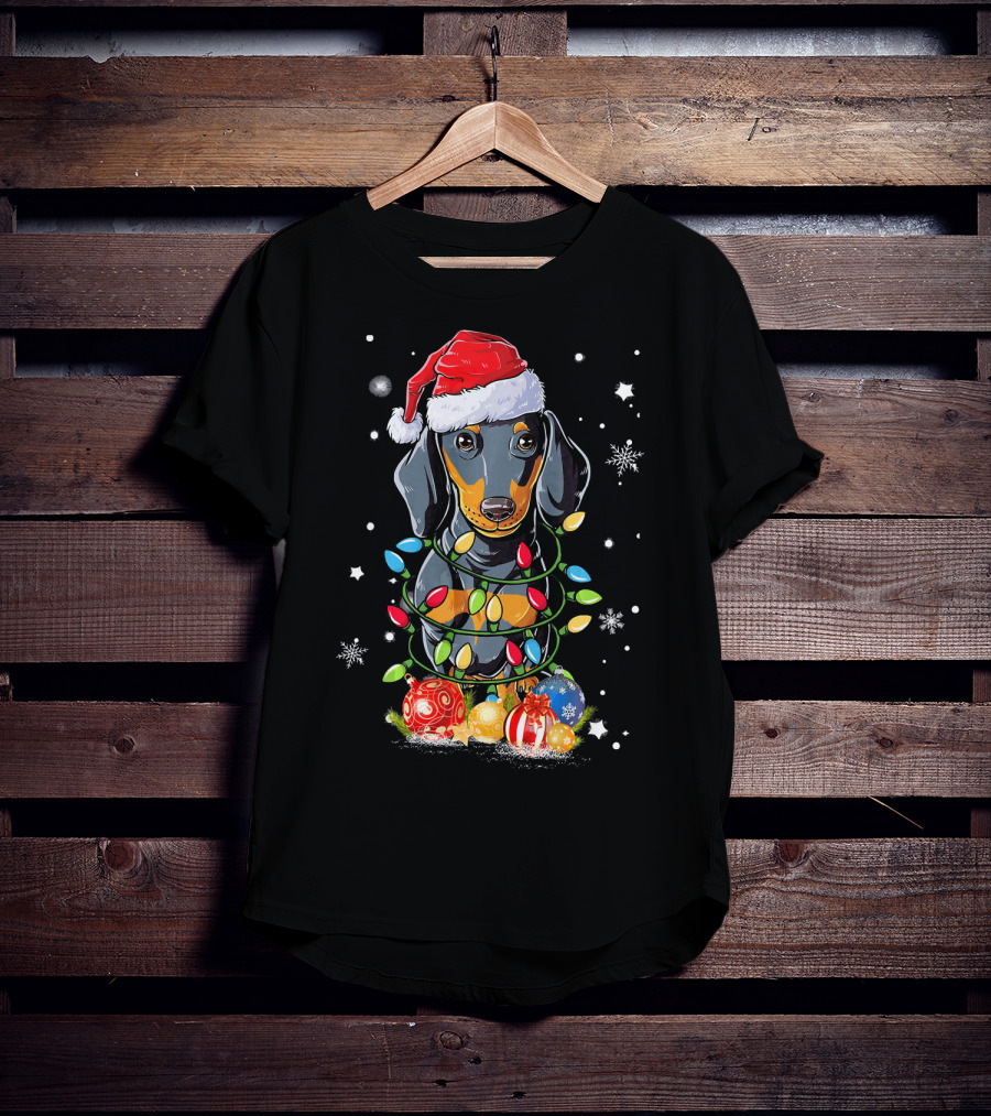 Dachshund Wrapped In Christmas Lights With Santa Hat And Ornaments T-Shirt