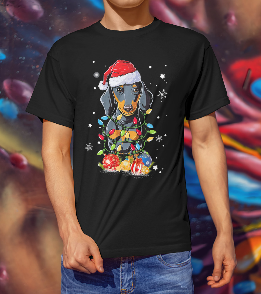 Dachshund Wrapped In Christmas Lights With Santa Hat And Ornaments T-Shirt