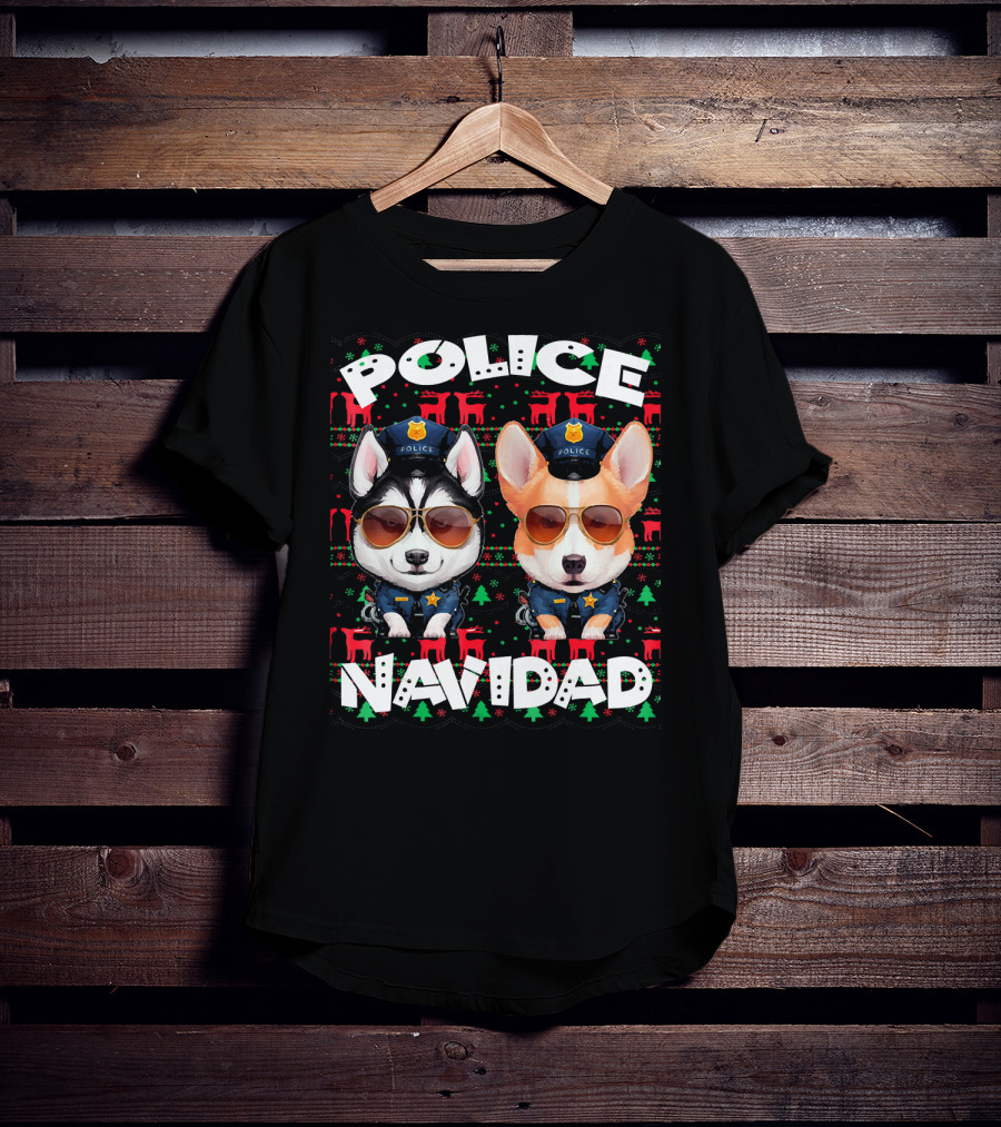 Police Navidad Ugly Christmas Dog Cops With Sunglasses T-Shirt