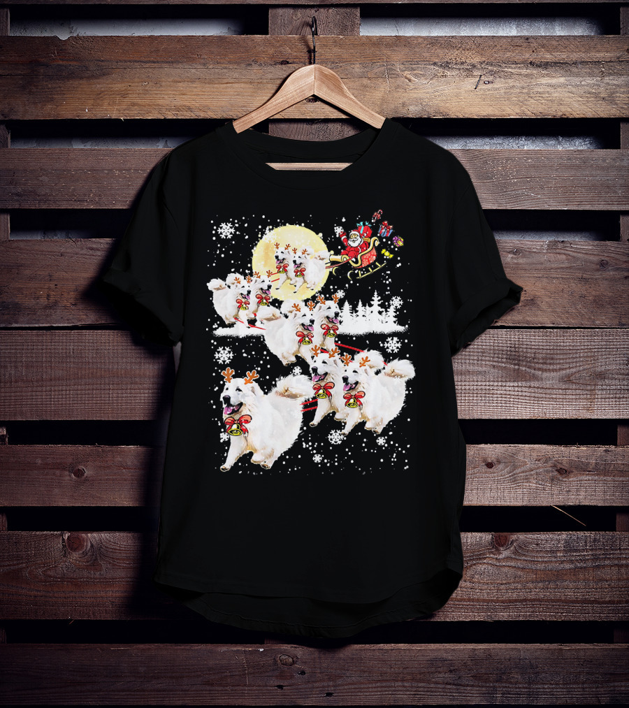 Great Pyrenees Reindeer Santa Christmas With Sleigh And Snowflakes T-Shirt