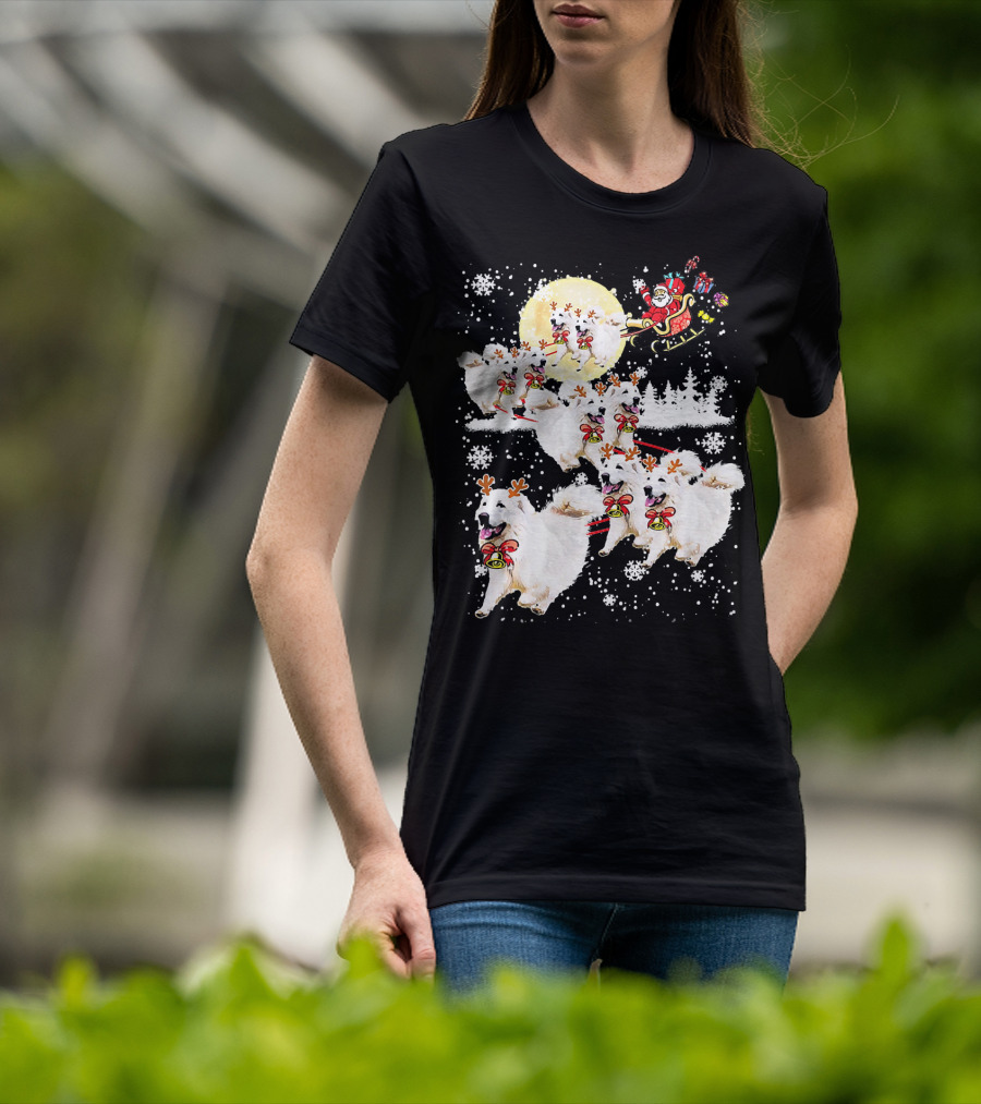 Great Pyrenees Reindeer Santa Christmas With Sleigh And Snowflakes T-Shirt