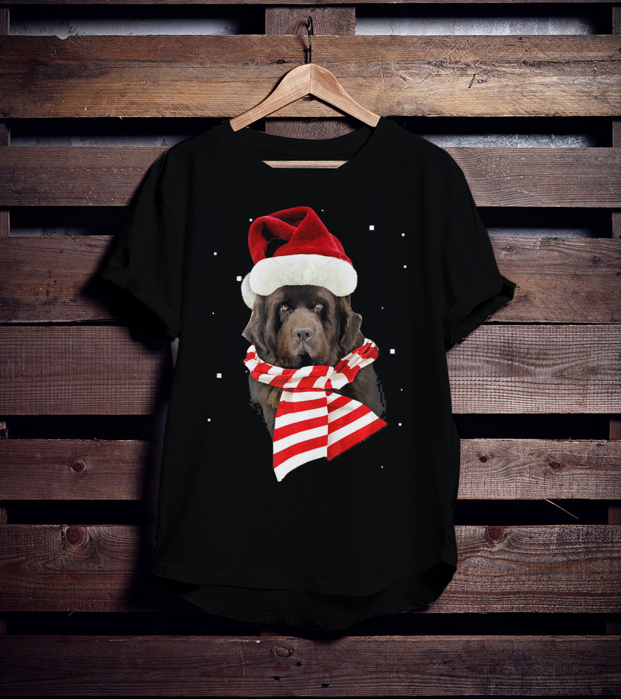 Newfoundland Santa Merry Christmas Dog With Red Hat And Scarf T-Shirt