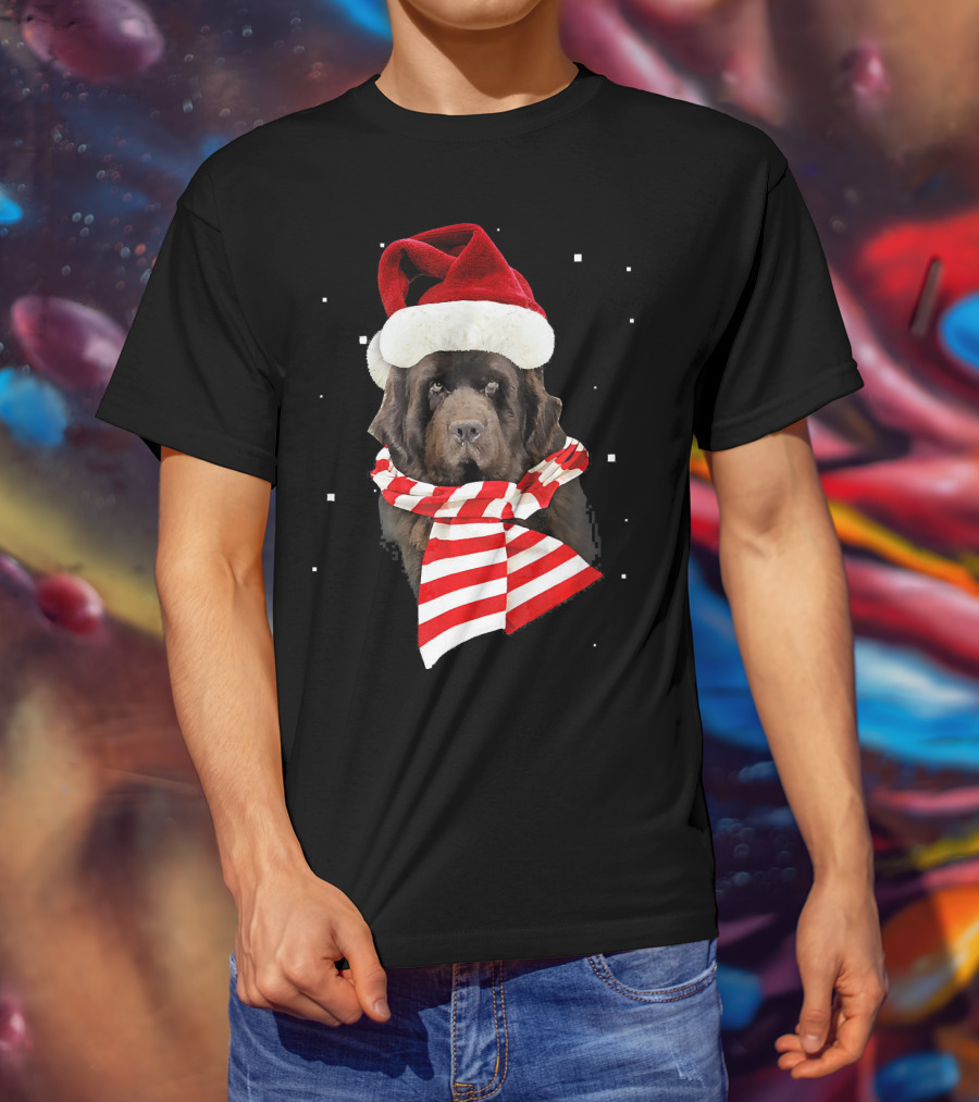 Newfoundland Santa Merry Christmas Dog With Red Hat And Scarf T-Shirt