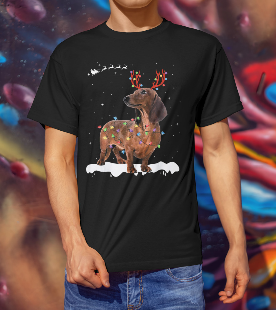 Reindeer Dachshund With Holiday Lights And Santa Sleigh T-Shirt