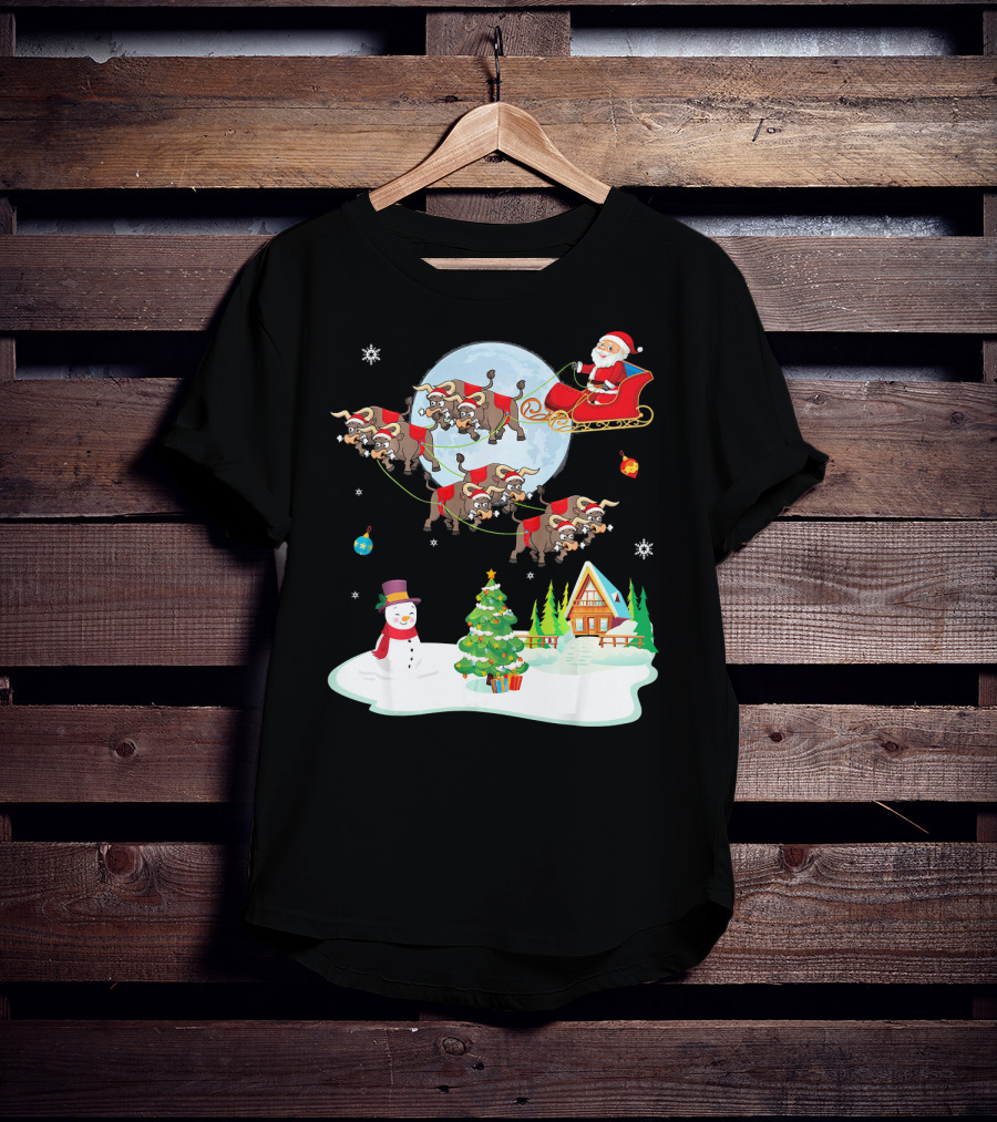 Santa Claus Buffalo Sleigh Snowman Christmas Scene T-Shirt