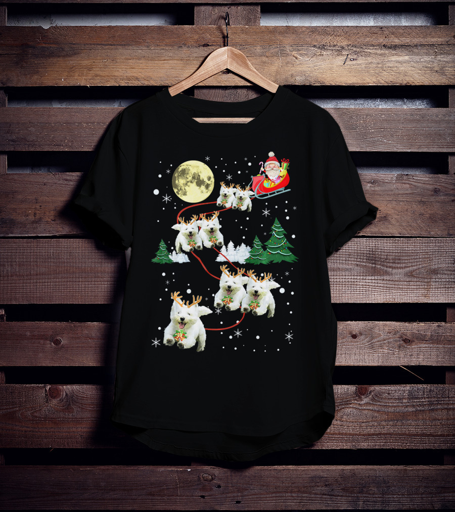 Santa Sleigh With Westie Reindeer Christmas Moon And Trees T-Shirt