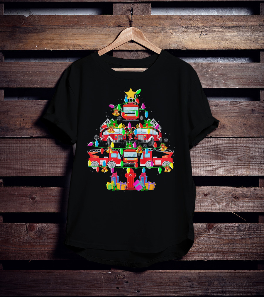 Fire Truck Christmas Tree With Decorations And Gifts T-Shirt