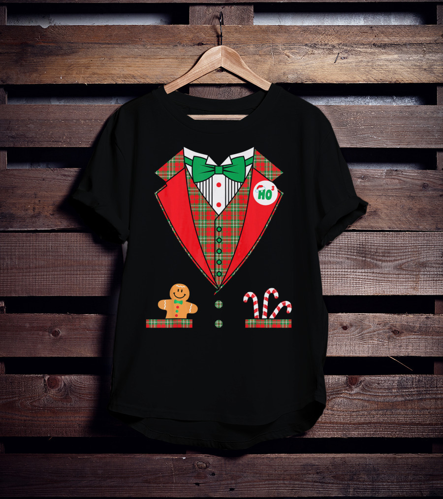 Funny Christmas Costume Tuxedo Ho Ho Ho Bow Tie Gingerbread Candy Cane T-Shirt