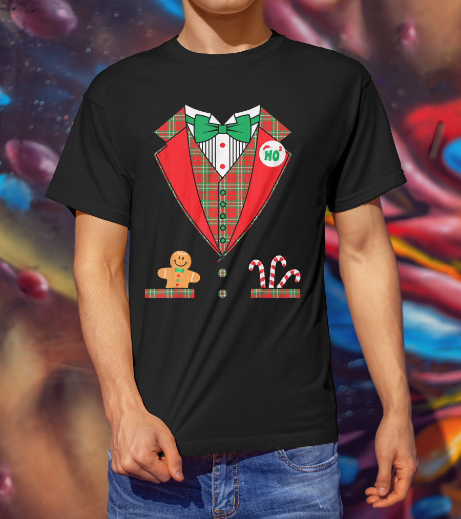 Funny Christmas Costume Tuxedo Ho Ho Ho Bow Tie Gingerbread Candy Cane T-Shirt