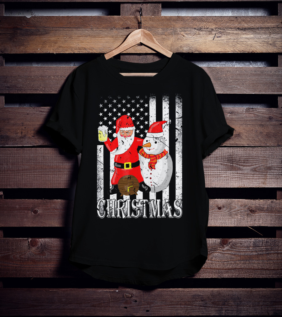 Christmas Santa Claus Snowman With Beer American Flag T-Shirt
